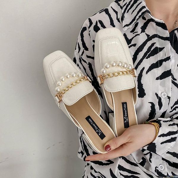 

slippers cover toe casual mules for women 2021 female shoes square heel string bead med slides luxury block fashion rome hoo, Black