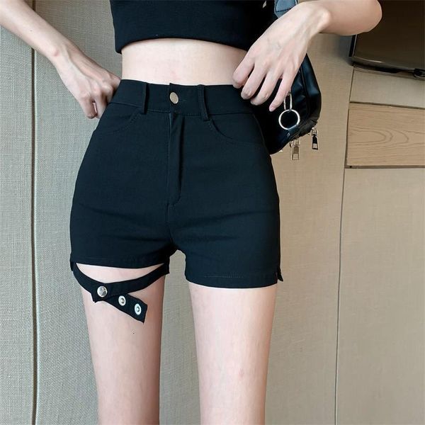 

women's shorts summer new high waist straight tube tight elastic denim hollow leggings show thin pants, White;black