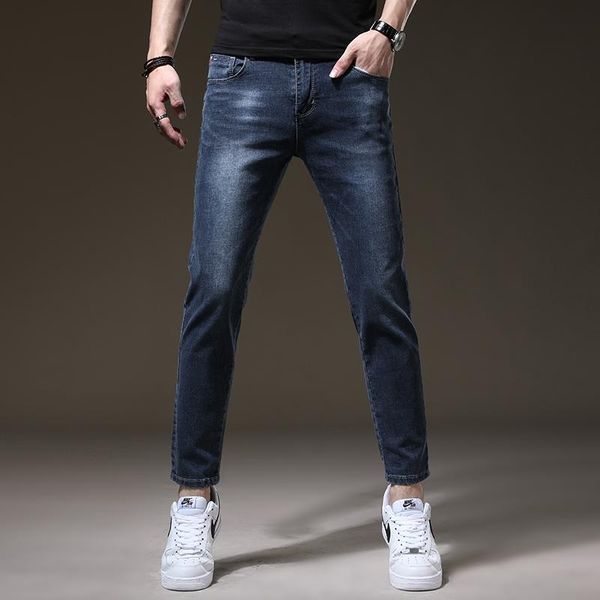 

men's jeans 2021 spring autumn stretch slim fit male high waist casual denim trousers solid color pencil pants w496, Blue