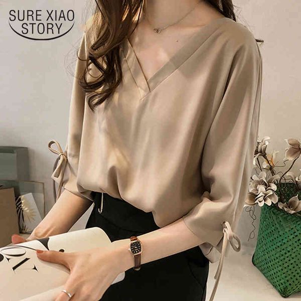

fashion woman blouses casual plus size 3xl 4xl summer solid v collar ol chiffon shirt women 1034 40 210508, White