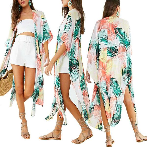 

women bikini swimsuit cover ups colorful leaves loose long cardigan beach dress sunscreen kimono female women's swimwear, White;black