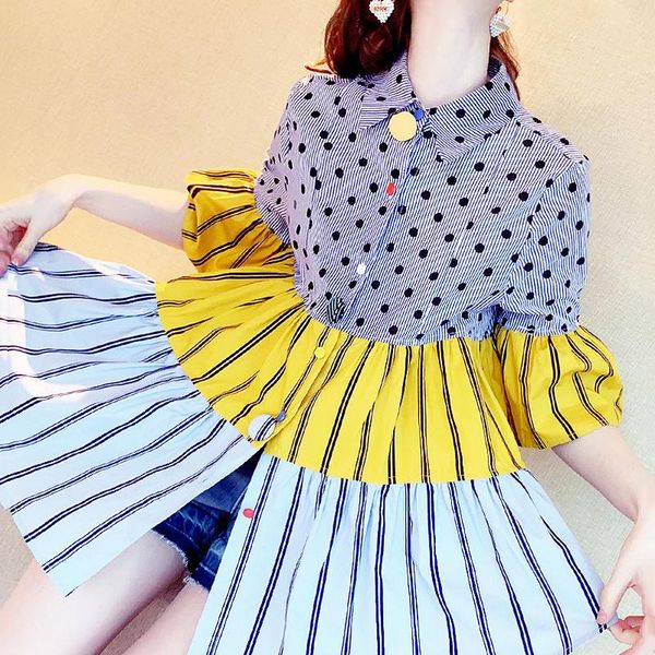 

women's blouses & shirts plus size style blouse women chic dots striped patchwork loose a-line flare sleeve sl194, White