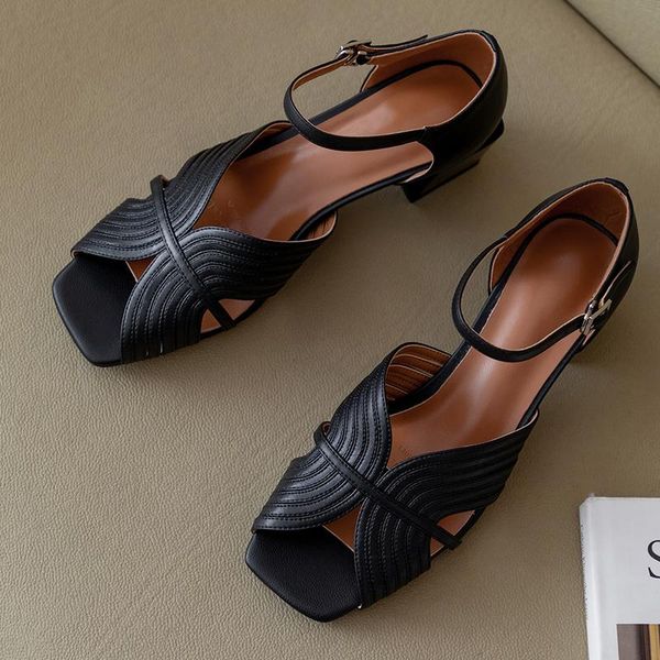 

fashion summer genuine leather sandals woman retro high heels for women night club sheos dress shoes, Black