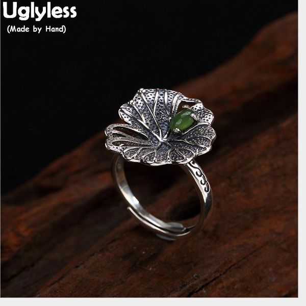 

uglyless 100% real solid 925 sterling silver handmade thai lotus leaf finger rings for women nature jade open ring bijoux cluster, Golden;silver