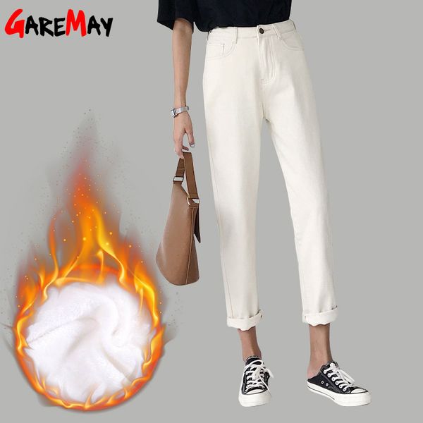 

warm harem jeans for woman winter fleece velet denim pants women's white loose cotton female 210428, Blue