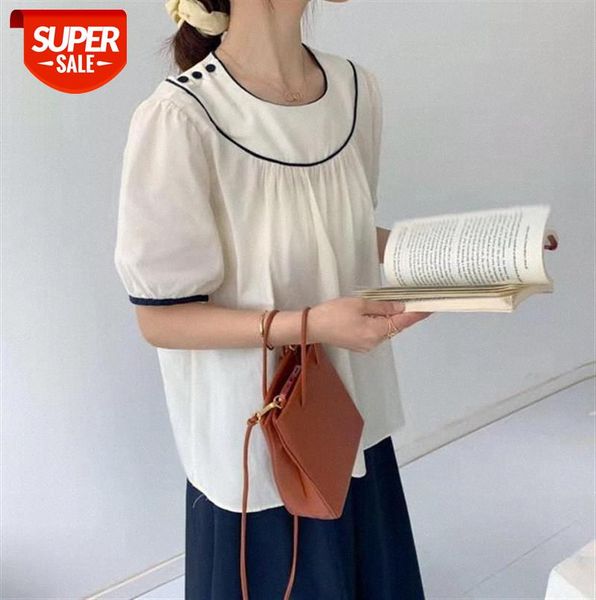 

li zhiqi korean retro round neck hemming contrast side button loose puff sleeve shirt female 110569 #3b9o, Black;gray
