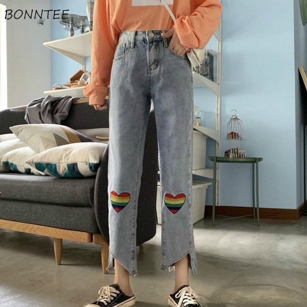 

jeans women high waist embroidery irregular hem chic students womens slim ankle-length leisure simple harajuku denim trousers bf women', Blue