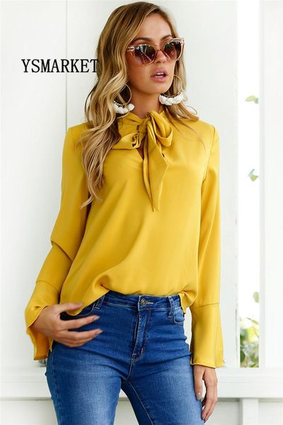 

women's blouses & shirts office women long sleeve autumn blouse elegant flounce flare casual bow neck chiffon loose shirt edcb-17216, White