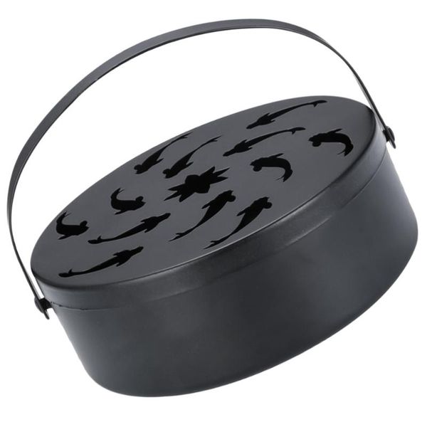 

iron mosquito coil incense handle holder portable storage box with hollow out lid cover (black, fish pattern) fragrance lamps