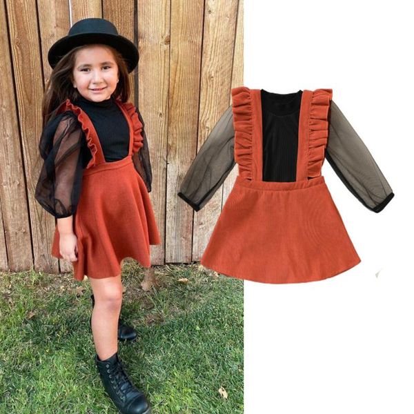 

clothing sets 1-6y 2021 autumn toddler outfits, sheer long sleeves stitching t-shirt + ruffled suspenders skirt for girls, White