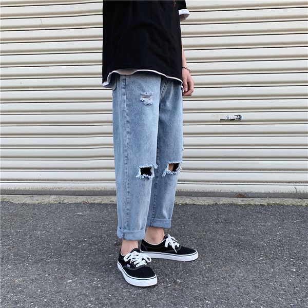 

summer ripped jeans mens slim fashion washed casual hole jeans men streetwear wild hip hop straight denim trousers mens s-3xl, Blue