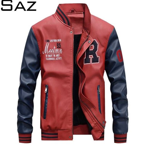 Saz Giacca da uomo Casual Lettera Ricamo Giacche in pelle Streetwear Moda Bomber da baseball Cappotto 211110