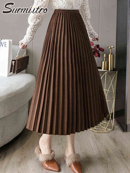 

surmiitro autumn winter thick woolen midi long pleated skirt women korean style mid-length high waist a line skirt female 211120, Black