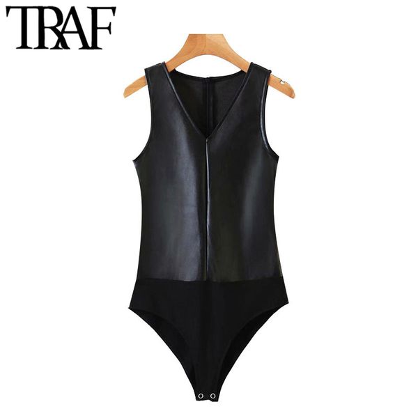 

traf women fashion faux leather patchwork skinny bodysuits vintage v neck back zipper female playsuits mujer 210415, Black;white
