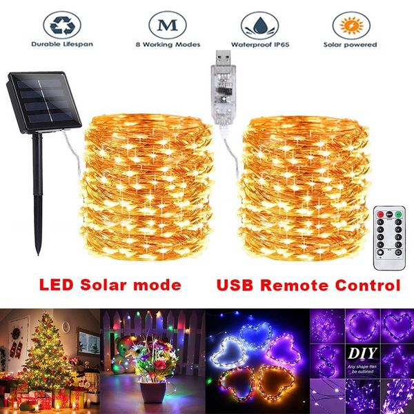 

strings 8 modes outdoor solar string fairy lights 10/20m led lamps 100/200leds usb remote control waterproof christmas decoration