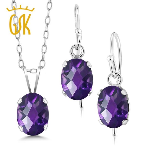 

bracelet, earrings & necklace gemstoneking 2.25 ct oval checkerboard natural purple amethyst jewelry set 925 sterling silver pendant for wom, Black