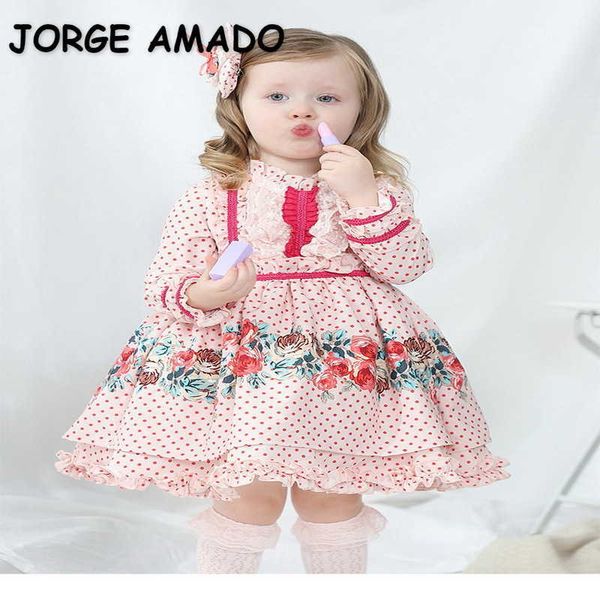

spring lolita style kids girls dress floral red dot lace children cute clothes e006 210610, Red;yellow
