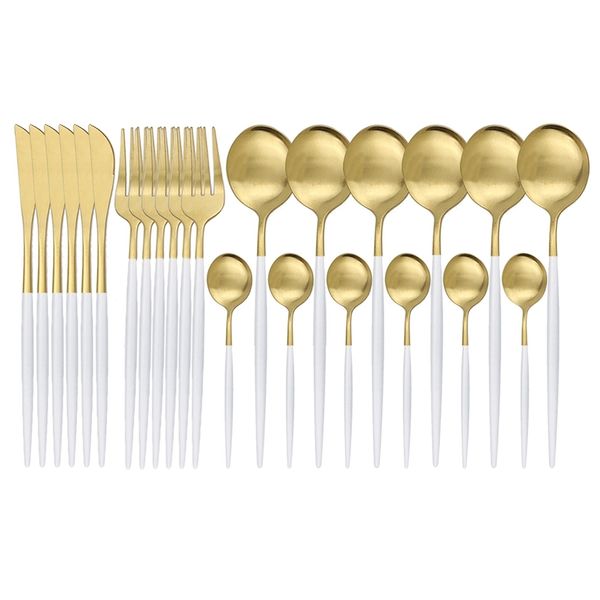 24 pcs Branco Gold Matte Dinnaria Conjunto de Aço Inoxidável Faca Forquilha Colher Silverware Cutelaria Cozinha Talheres de talheres 210902