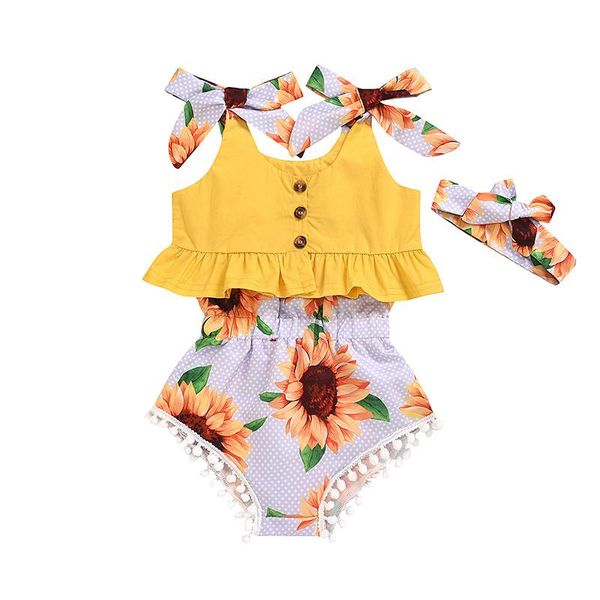 

floral baby girl summer clothes 3pcs girls sets cotton sleeveless +short+scarf born clothing 9-24 months, White