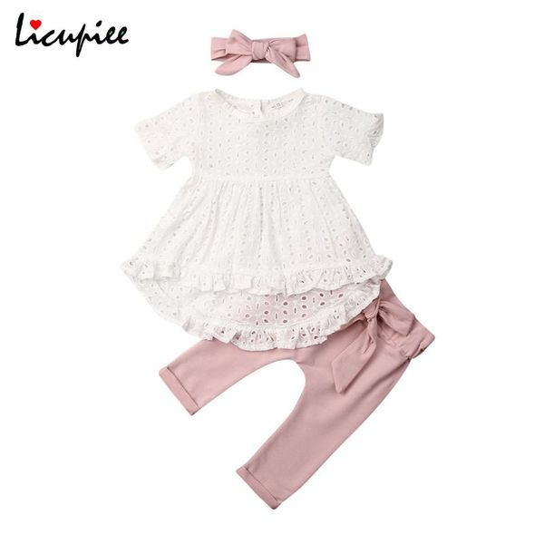 

licupiee 3pcs born kids baby girl cotton clothes lace shirt pants ruffles autumn summer lovely outfits clothing sets, White