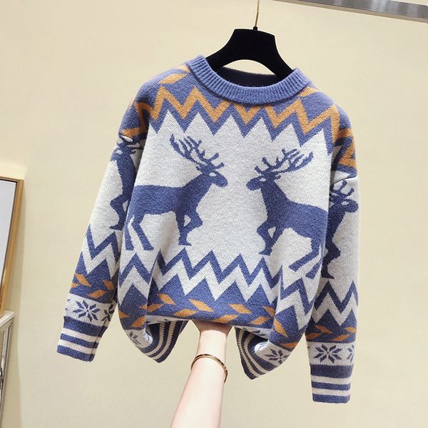 

women's sweaters deer autumn and winter knit sweater women korean style loose lazy pullover long sleeve o neck bcpu, White;black
