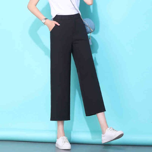 

women's pants & capris casual high waist black ankle-length women summer loose ladies office trousers pocket solod korean thin wide leg, Black;white