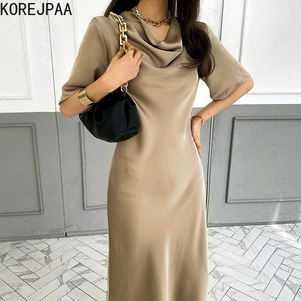 

korejpaa women dress korea chic summer temperament elegant heap collar gloss texture skin-friendly slim long satin dresses 210526, Black;gray