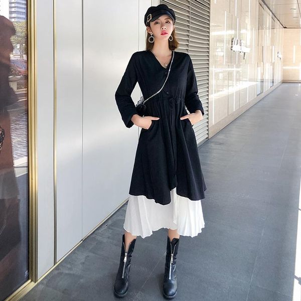 

france non-mainstream dress two-piece women's spring and autumn retro french yamamoto over-the-knee fairy medium-length casual dresses, Black;gray