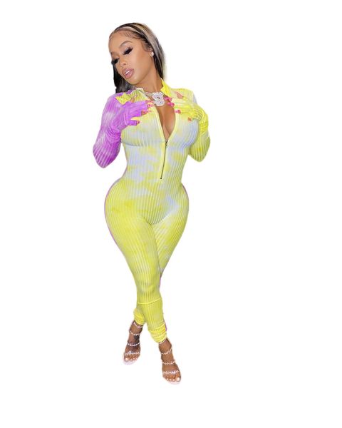 

Womens Designer Bodysuit Deep V Neck Jumpsuits Autumn Tie Dye Print Sexy Fashion Casual Female Rompers, Yellow