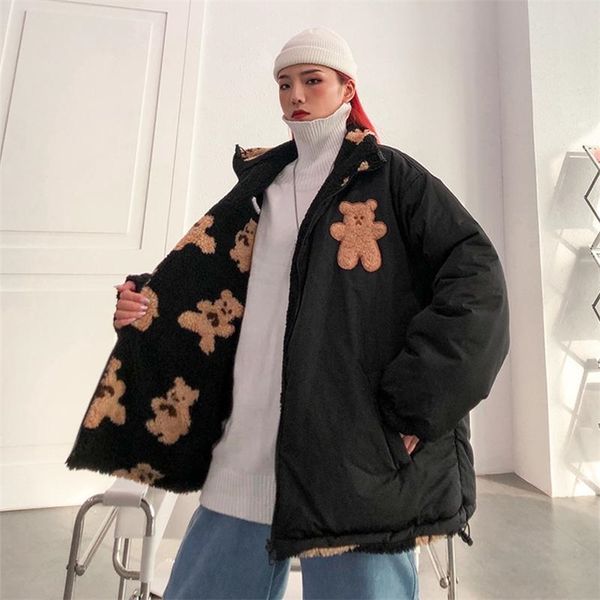 

korean fashion ladies reversible jacket winter women's loose cashmere stitching winter padded stand collar women's jacket 211126, Black;brown