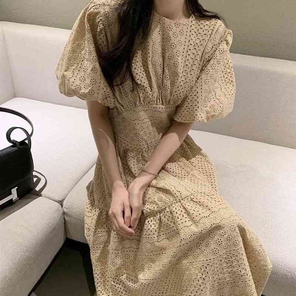 

fashion hollow out embroidery lace long dress women lantern sleeve patchwork chic summer dresses vestidos 210520, Black;gray