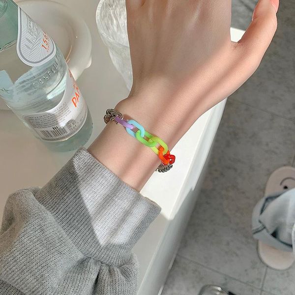 

charm bracelets simple rainbow acrylic thick chain titanium steel bracelet female couple girlfriends colorless, Golden;silver