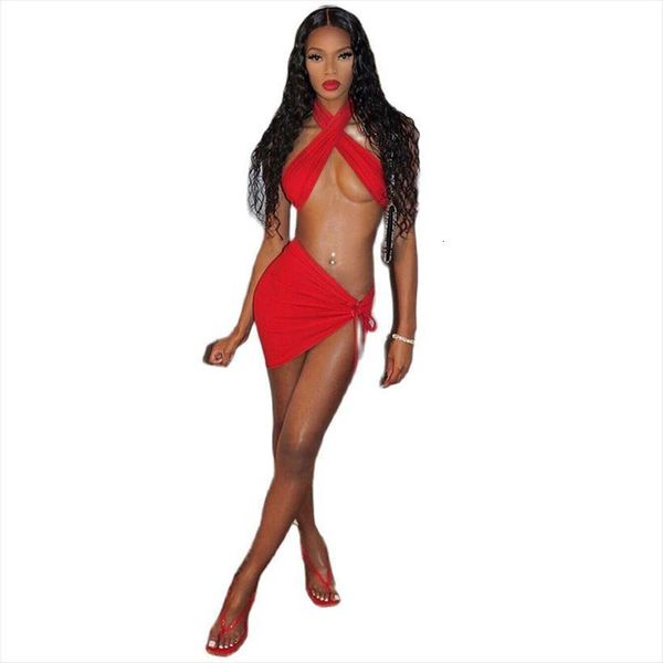 

knitting material red party skirts women dress two piece sets halter neck tank high waist outfit matching suit, White