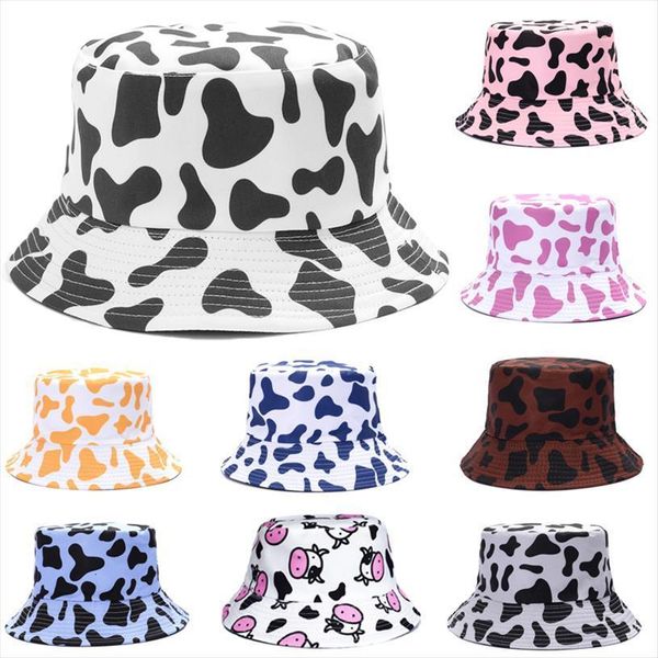 

summer reversible cow print bucket hat women outdoor travel sun protection fisherman cap fashion shading panama selling, Blue;gray