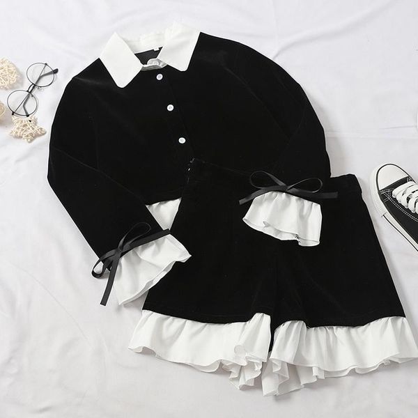 

women's tracksuits korean fashion women ruffled shirt+mini shorts sets 2pc girl retro black white blouse&high waist pants suits two-pie, Gray