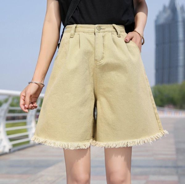 

knee length women's denim shorts classic retro high waist blue wide leg women summer ladies jeans, White;black