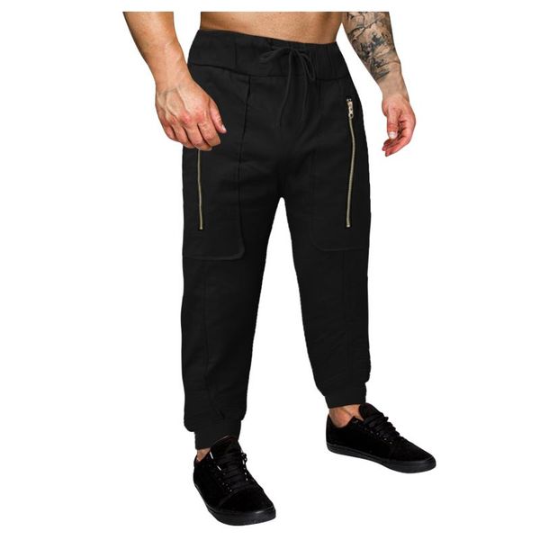 

men's pants daily casual vetement homme de marque solid color tooling multi-pocket leggings trousers, Black