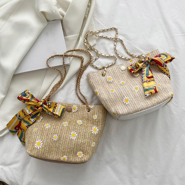 

evening bags fashion women woven shoulder shopping bag lace patchwork daisy flower printing casual ladies summer beach chain tote pouch