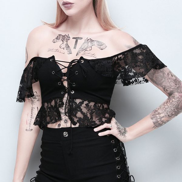 

elegant lady wear black lace bandage off shoulder tee shirts summer women crop short sleeve harajuku, White