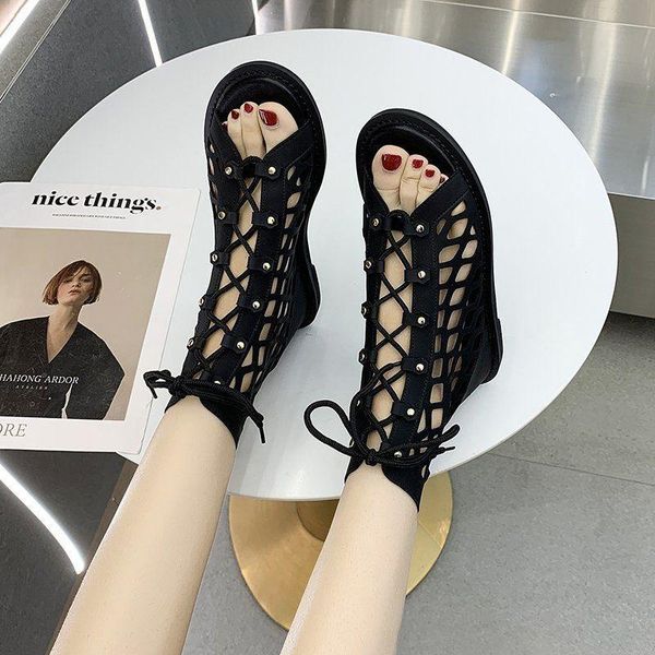 

sandals european and american hollow toe cool boots women spring/summer 2021 cross strap zipper flat bottom roman, Black