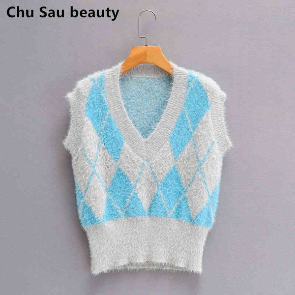 

sweet fashion sweater vest women chic diamond pattern pullovers fall sleeveless v-neck soft sweaters jumper mujer 210508, White;black