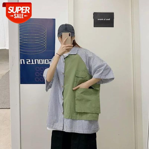 

2020 men's fashion loose short-sleeved striped printing clothes hawaiian shirt camisa masculina french cuff shirts size s-xl #i193, White;black