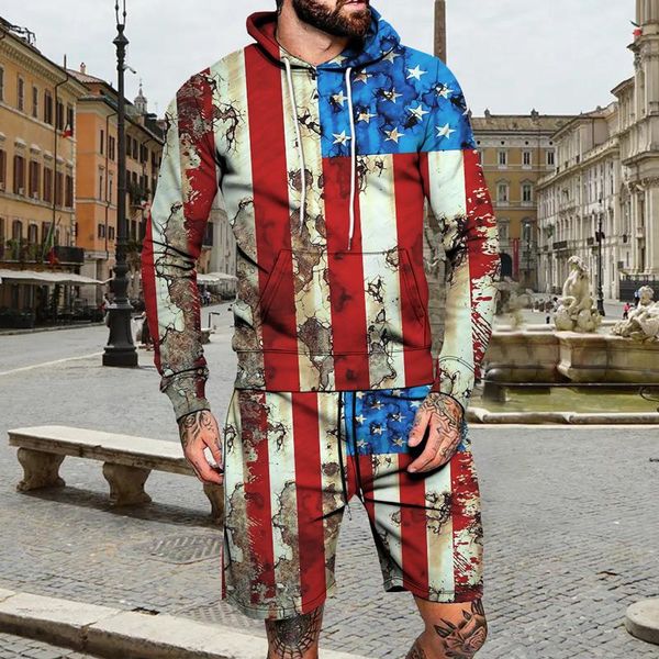 

men's tracksuits autumn hoodie + shorts 2-piece set 3d digital stripe printing pullover 2021 fashion casual suit oversized sportswear, Gray