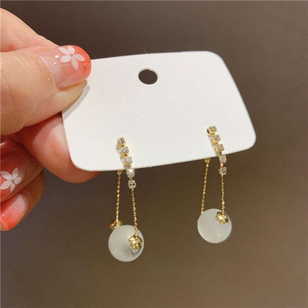 

korean temperament lady inlaid with diamond cat's eye stone transfer beads earrings dual purpose detachable long rotatable silver needl, Black