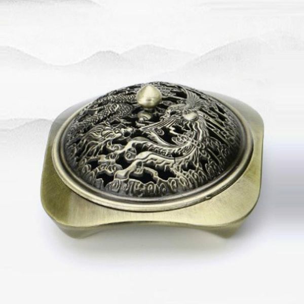 

fragrance lamps f antique copper alloy incense burner semi-manual prosperity by dragon and phoenix coil cover censer stick holders high-end