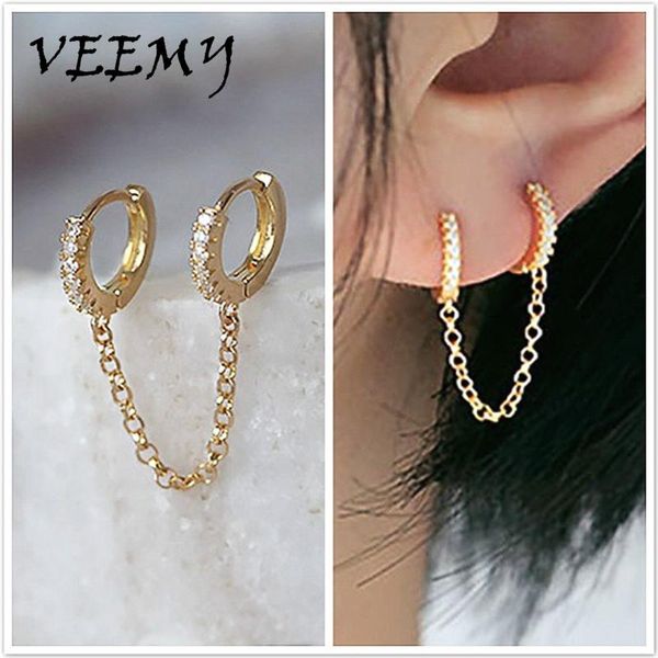 

hoop & huggie veemy 1pc hip hop two hole piercing earrings for women men brilliant crystal zircon 3 metal color chain earring party jewelry, Golden;silver