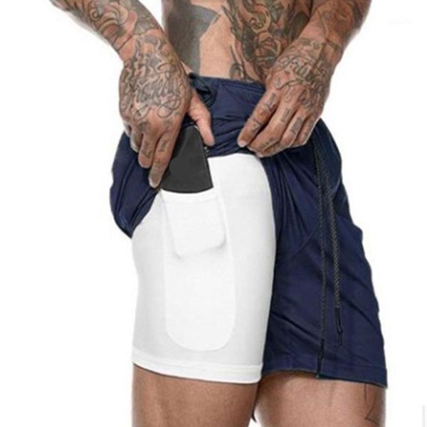 

men's shorts men 2 in 1 running jogging gym fitness training quick dry beach short pants male summer double-deck with pockets, White;black
