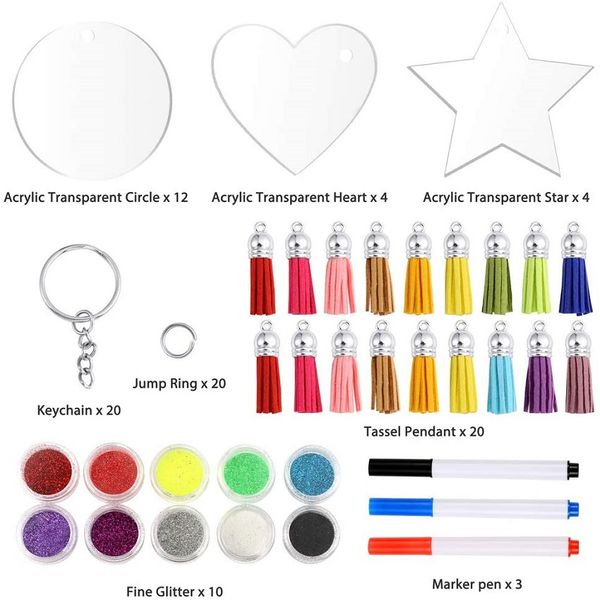 

kimter 93pcs sequins keychain acrylic blank clear star heart circle discs with colorful tassel key rings for diy projects craft q398fz, Silver