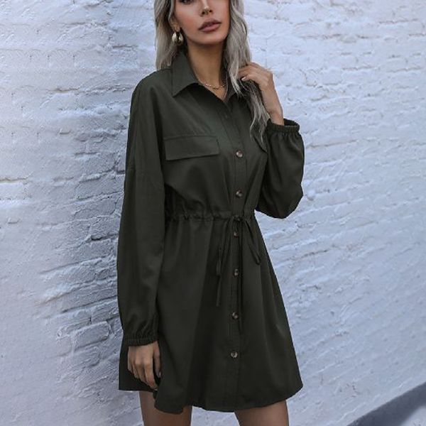 

spring summer mini shirt dress women drawstring single breasted ladies shirts dresses a-line long sleeve casual fashion 210518, Black;gray