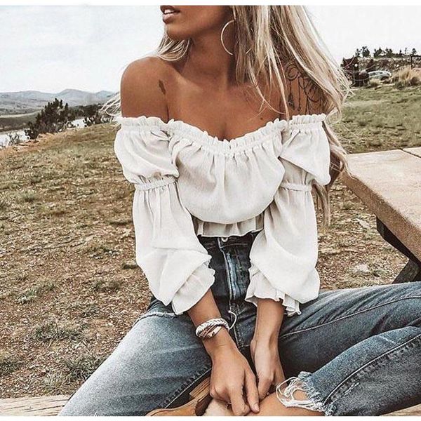 

women's blouses & shirts crop blouse shirt off shoulder solid fashion lantern sleeve women ruffles casual white